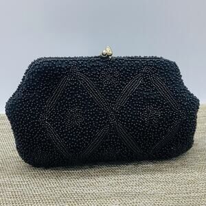 VTG Richere Black Hand Beaded Evening Clutch Bag Japan